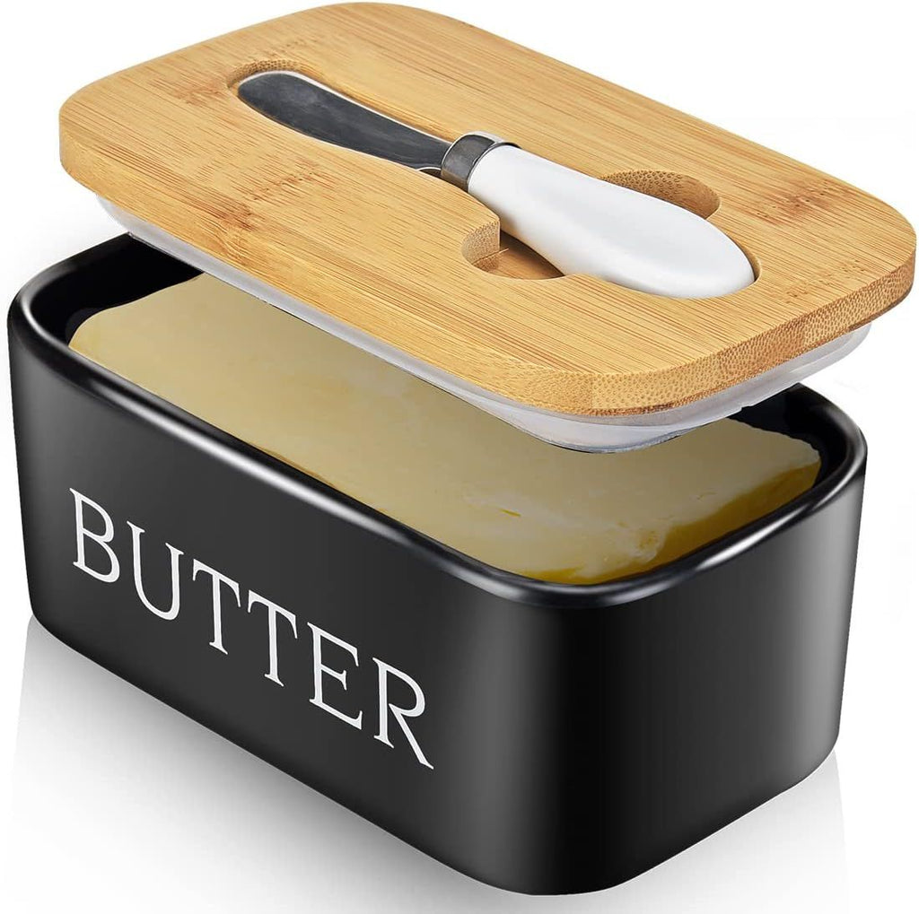 Butter Dish with Lid: Large Butter Dish for Countertop - Ceramic Butter Keeper Container with Knife and High-Quality - Silicone Sealing Butter Box for Home Decor Good Kitchen Gift Black