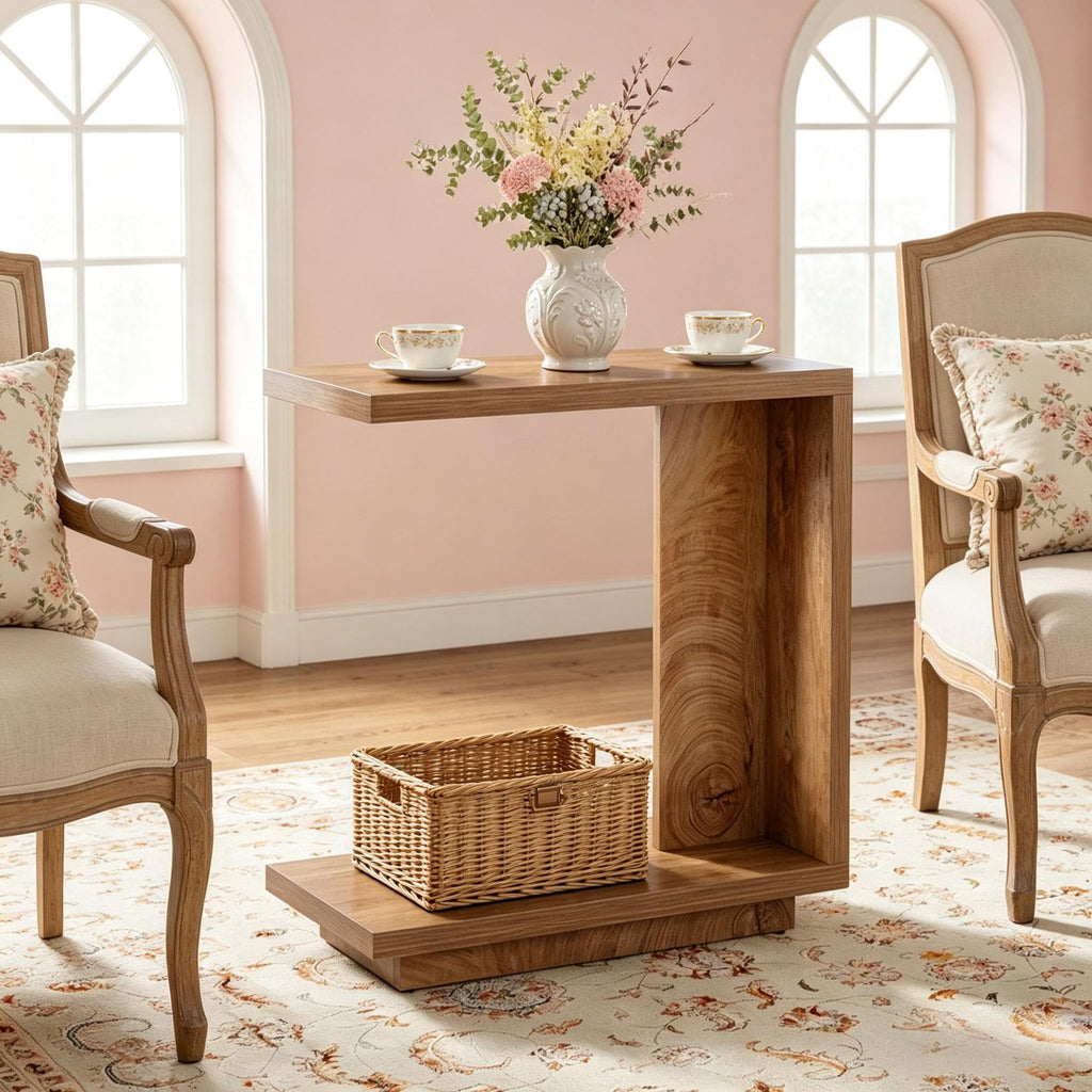C-Shaped End Table Wood Side Table Nightstand Bedside Table  Living Room Bedroom Furniture