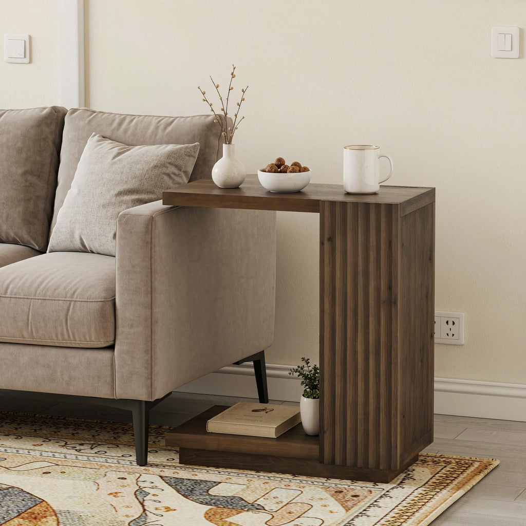 C-Shaped Wood Side Table with Fluted Panels Living Room Bedroom Decorative End Table
