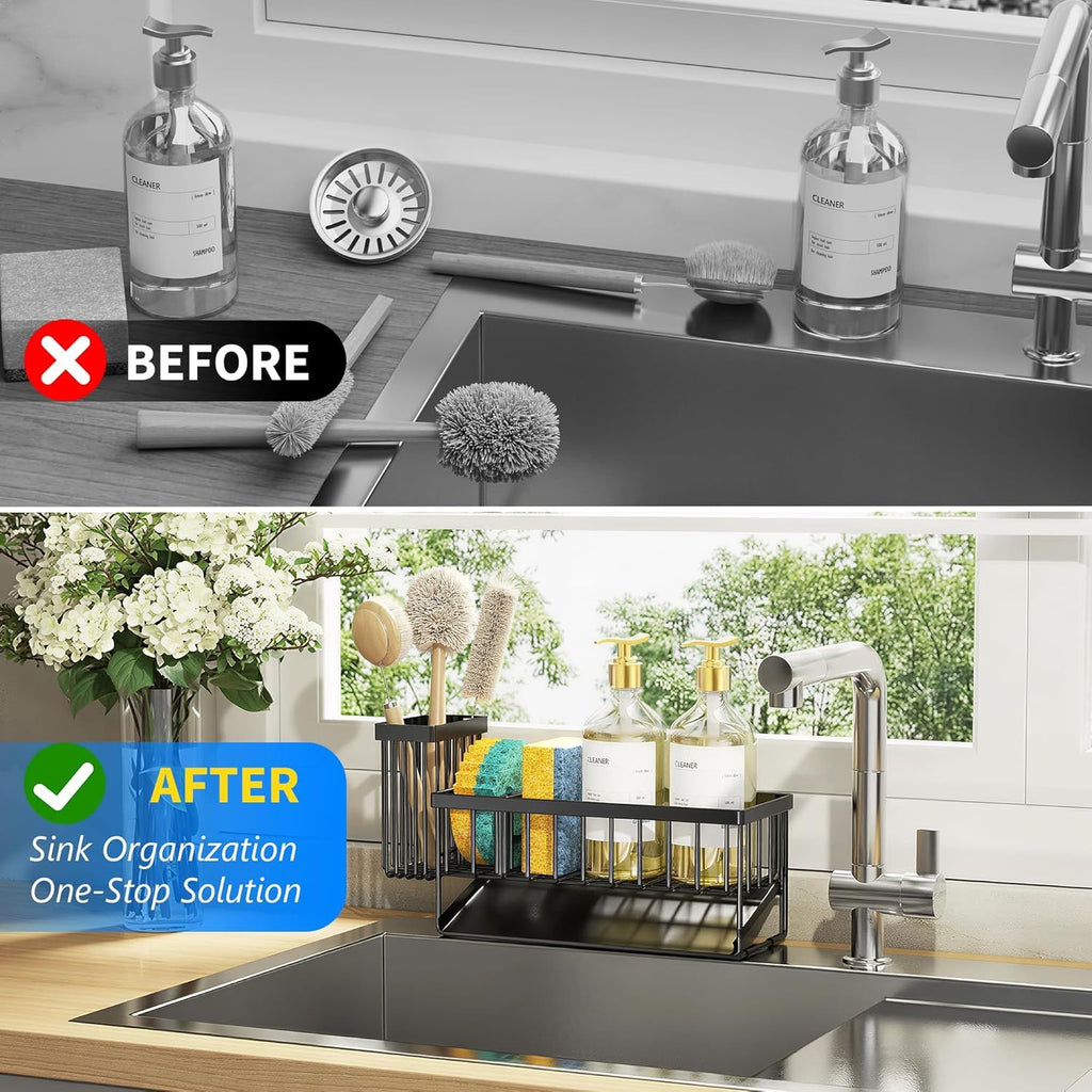 Caddy Sponge Holder for Kitchen with Brush Holder and Stainless Steel Self Drain Tray, Rustproof Kitchen Sink Organizer for Sponge, Soap Dispenser Storage Accessories