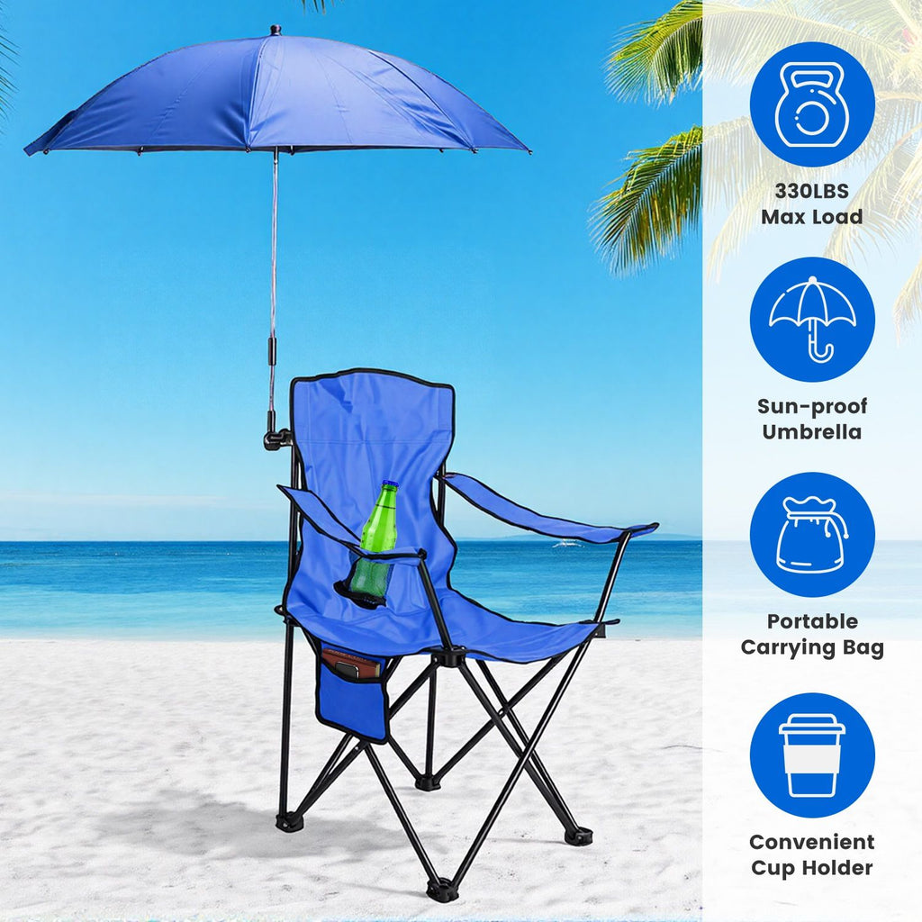 Camping Chair with Umbrella Lightweight Foldable Outdoor Chair with Cup Holder Detachable Sun Canopy Carrying Bag 330LBS Max Load for Beach Picnic Travel Concert Outdoor Activities