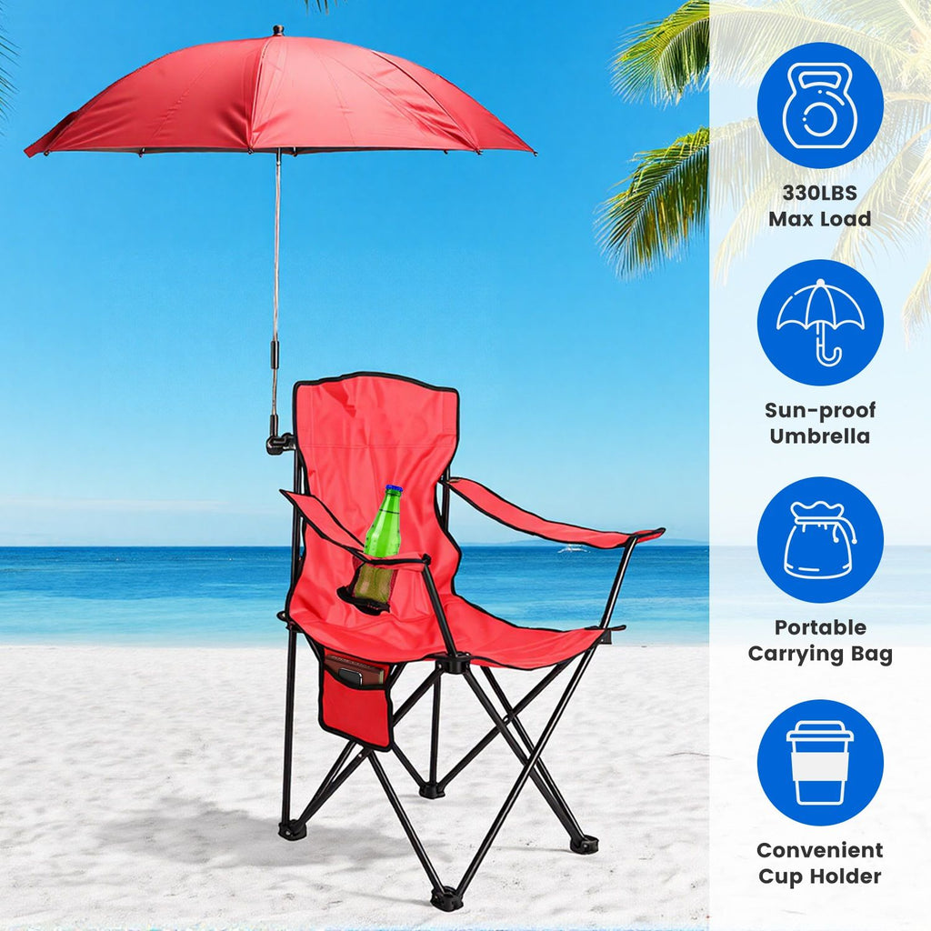 Camping Chair with Umbrella Lightweight Foldable Outdoor Chair with Cup Holder Detachable Sun Canopy Carrying Bag 330LBS Max Load for Beach Picnic Travel Concert Outdoor Activities