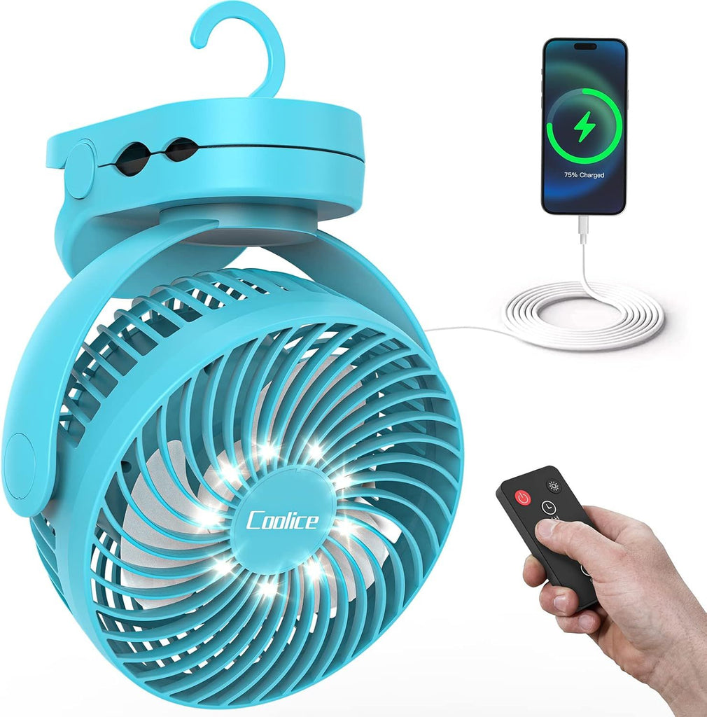 Camping Fan with Remote Control - 12000mAh Rechargeable Battery Powered Fan, Camping Fans for Tents with LED light & Hanging Hook, Rechargeable Battery Operated Ceiling Fans for Tent RV Bed