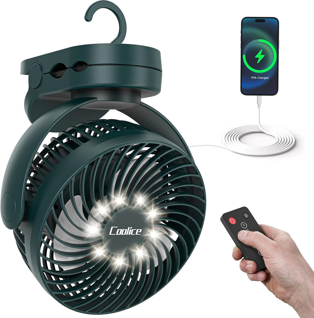 Camping Fan with Remote Control - 12000mAh Rechargeable Battery Powered Fan, Camping Fans for Tents with LED light & Hanging Hook, Rechargeable Battery Operated Ceiling Fans for Tent RV Bed