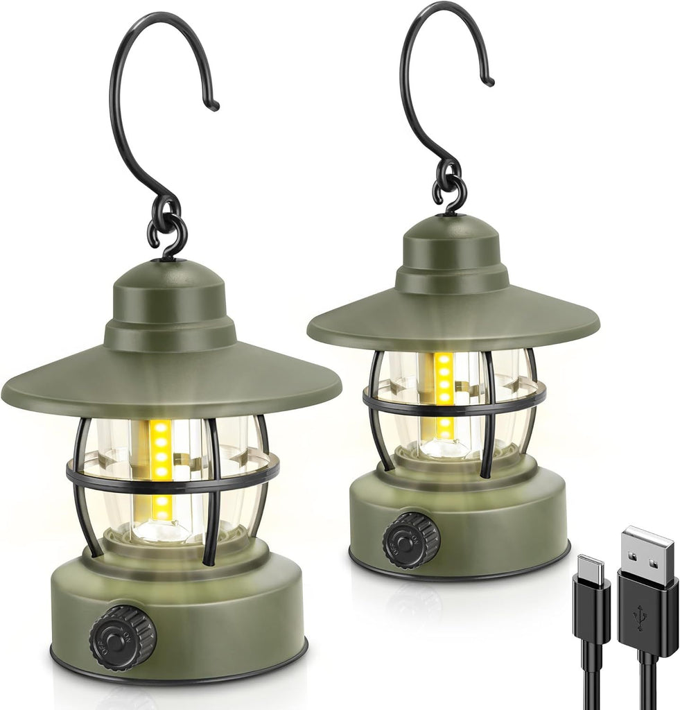 Camping Lantern Rechargeable Battery Powered  2 Pack , Camping Gear Must Haves, Camping Accessories, Retro Camping Light Waterproof Hanging LED Tent Lamp for Outdoor Hiking Fishing (Dark Green)