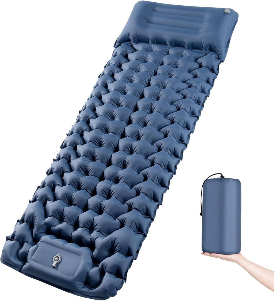 Camping Sleeping Pad | Ultra Lightweight & Compact | Ergonomic Camping Mattress for Indoor & Outdoor Use | Portable Sleeping Mat with Built-in Foot Pump & Pillow for Camping, Hiking, Travel & Guests