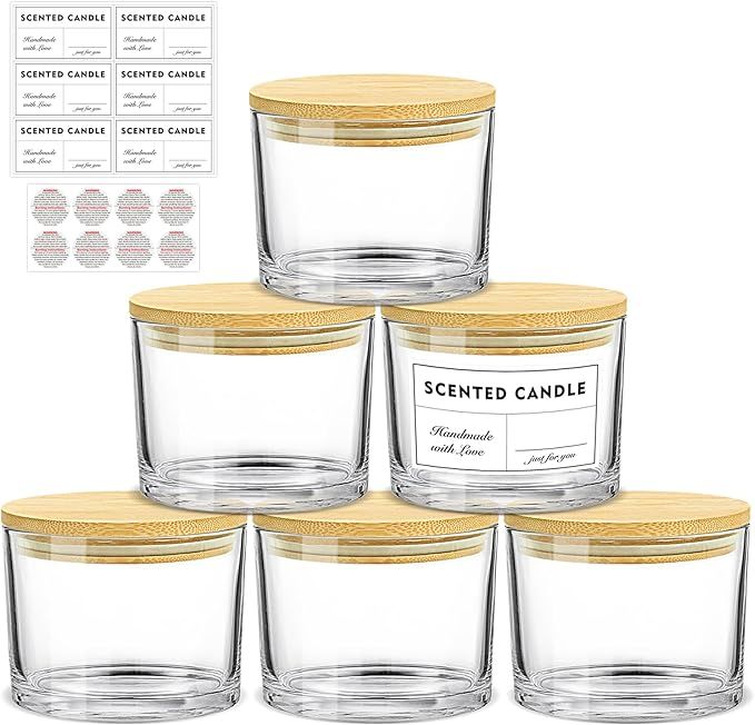 Candle Jars 6 Pack Wick Large Empty  Glass Candle Making Vessels with Bamboo Lids