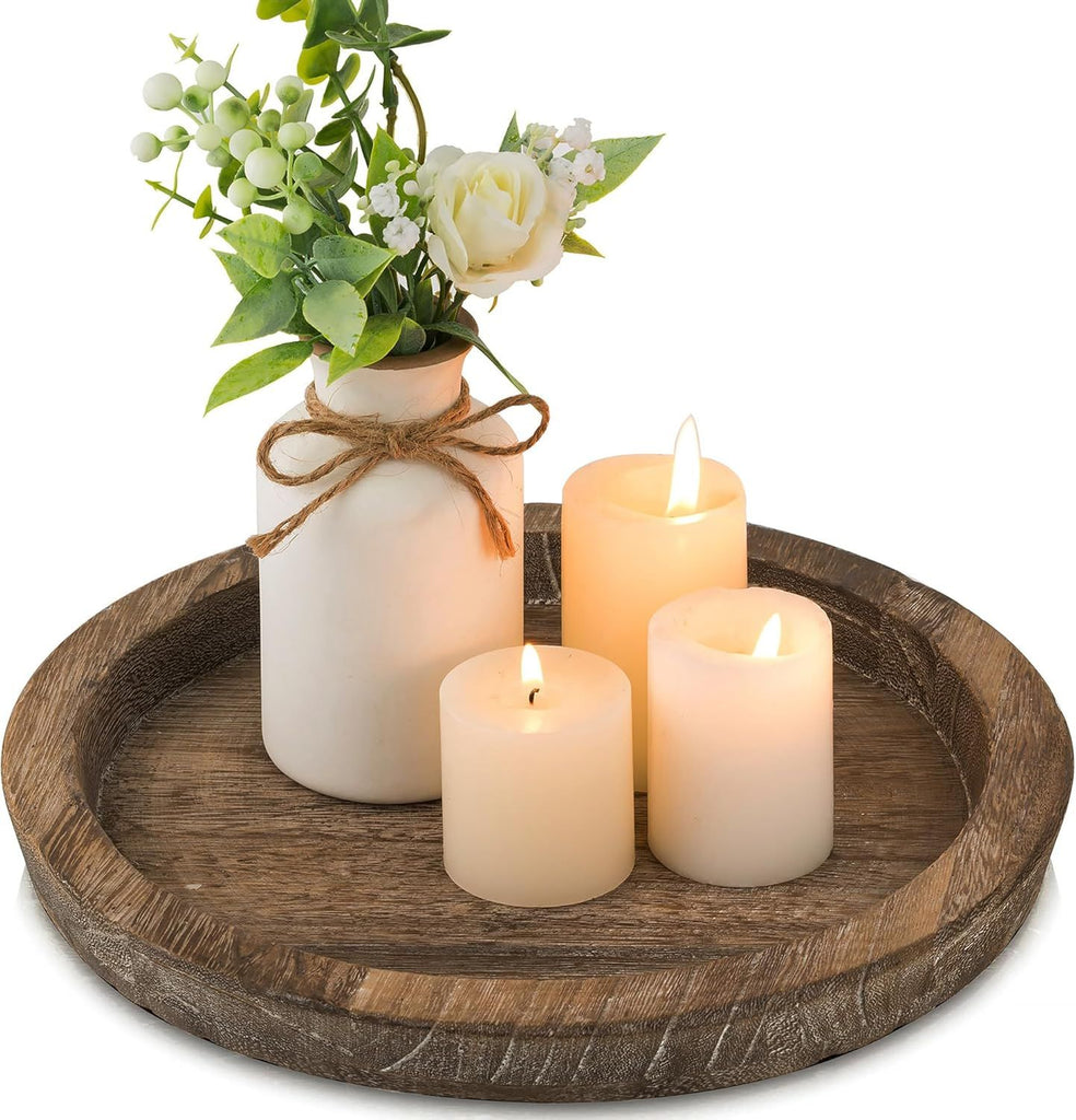 Candle Plate Holder Tray: Round Wooden Decorative Candle Plate Small Farmhouse Table Centerpiece Rustic Wood Tealight Pillar Trays for Christmas Wedding Halloween Home Decor
