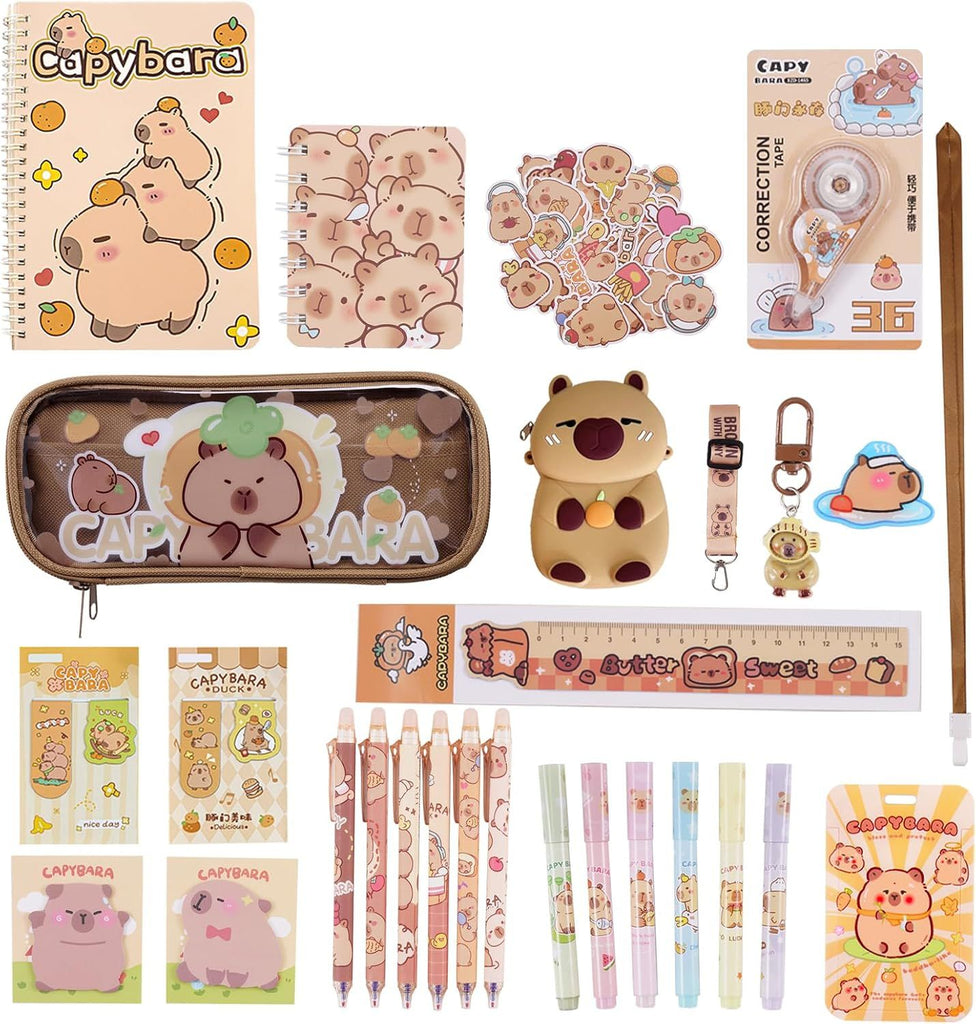 Capybara School Supplies Set, Cute Kawaii Stationery Kit with A5/A7 Notebook, Pencil Case, 6 Erasable Pens, 50 Stickers & More, Back to School Gifts for Kids