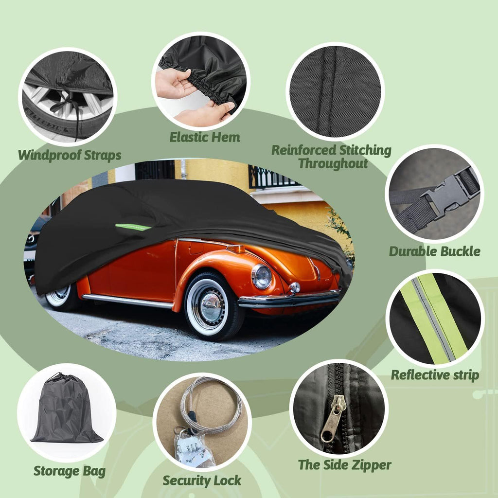 Car Covers for 1960-1980 Beetle Bug Sedan 2-Door, Waterproof All Weather Beetle Full Car Cover 210T Custom-fit Outdoor Windproof Cover with Door Zipper Up to 167'L(Black)