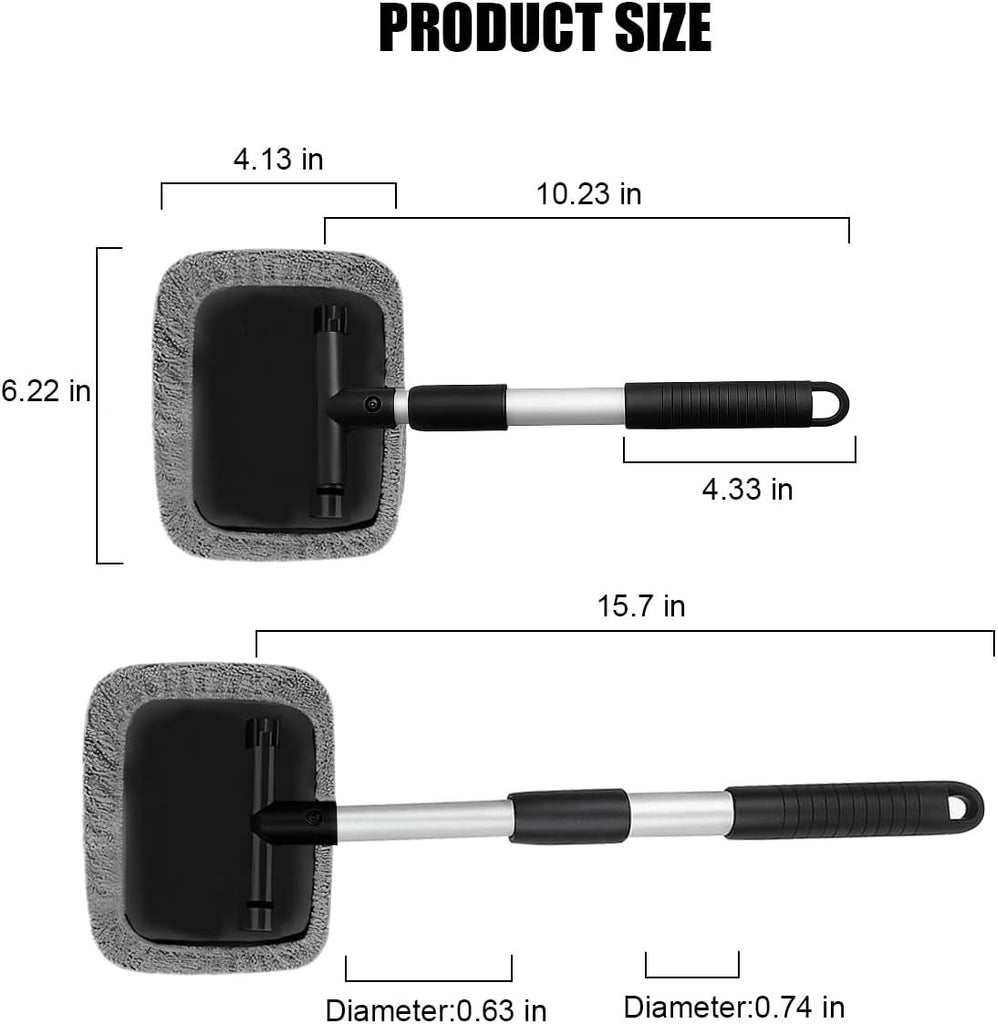 Car Windshield Cleaner Tool, Extendable Handle Rectangular Vehicle Window Cleaner with 3 Washable and Reusable Microfiber Pads, Auto Windscreen Cleaning Tool, Universal Fit
