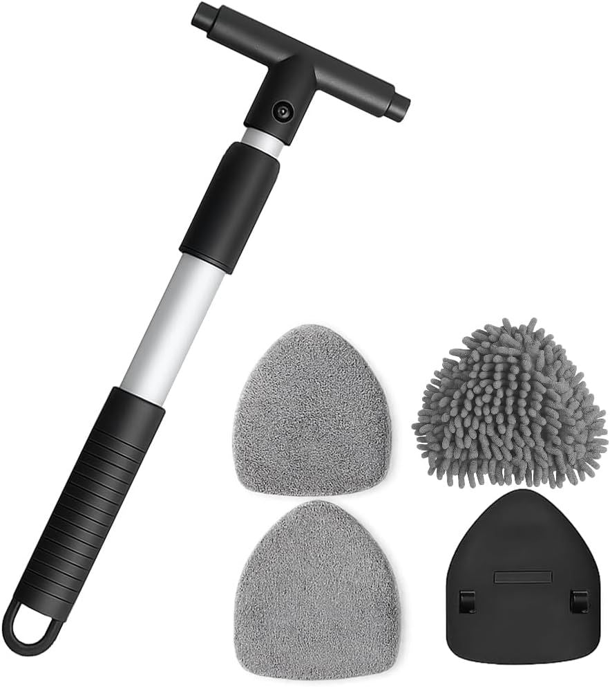 Car Windshield Cleaner Tool, Extendable Handle Triangle Vehicle Window Cleaner with 3 Washable and Reusable Microfiber Pads, Auto Windscreen Cleaning Tool, Universal Fit