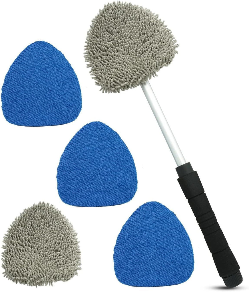 Car Windshield Cleaning Tool, Car Inside Window Cleaner Tool with Extendable Handle, 3pc Microfiber and 2pc Chenille, Car Interior Cleaner Tool Anti Fog, Streaks Free