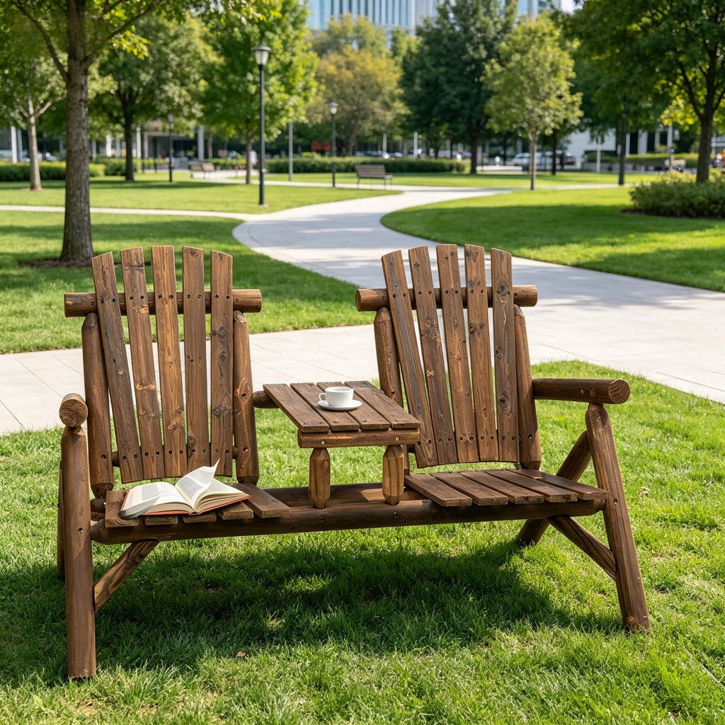 Carbonized Wood Adirondack Patio Chair Bench with Center Coffee Table Outdoor Lounging And Relaxing Furniture