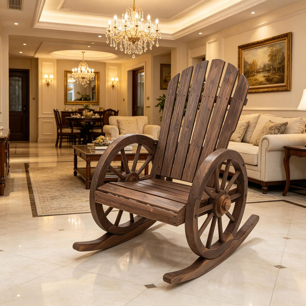 Carbonized Wooden Adirondack Rocking Chair with Slatted Design And Oversized Back Outdoor Rocker Chair with Wagon Wheel Armrest for Porch Poolside Garden