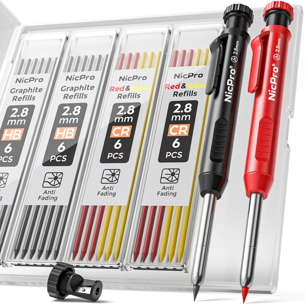 Carpenter Pencil with Sharpener, Mechanical Pencils Set with 26 Refills, Deep Hole Marker for Construction, Heavy Duty Woodworking Tools for Architect (Black, Red) - With Case