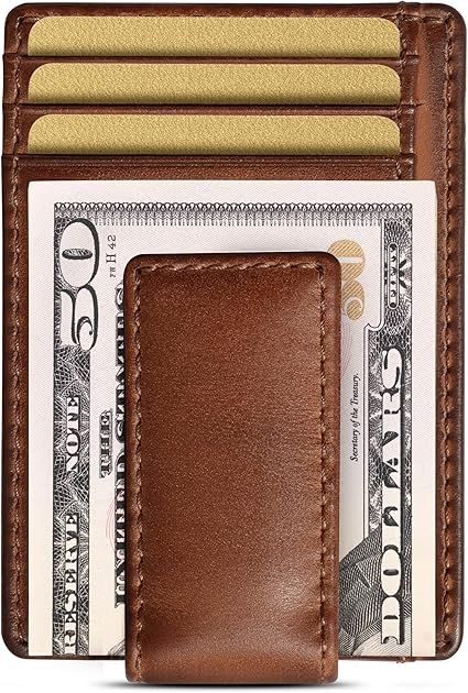 Carryall Slim Money Clip Wallet for Men, Strong Magnetic Clip, Front Pocket Wallet Card Holder, Full Grain Cowhide Leather, Tan