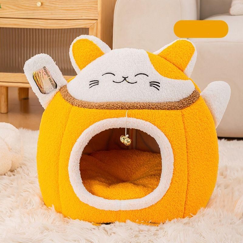 Cartoon Orange Cat Closed Cat Nest, Autumn and Winter with Velvet Warm Nest Mat, Semi Closed Pet House for Small Cats