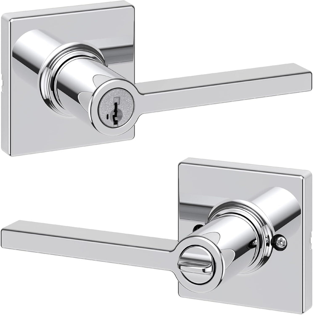 Casey Entry Door Handle with Lock and Key, Secure Keyed Reversible Lever Exterior, Doorlock, For Front Entrance and Bedrooms, Polished Chrome , Pick Resistant Smartkey Rekey Security