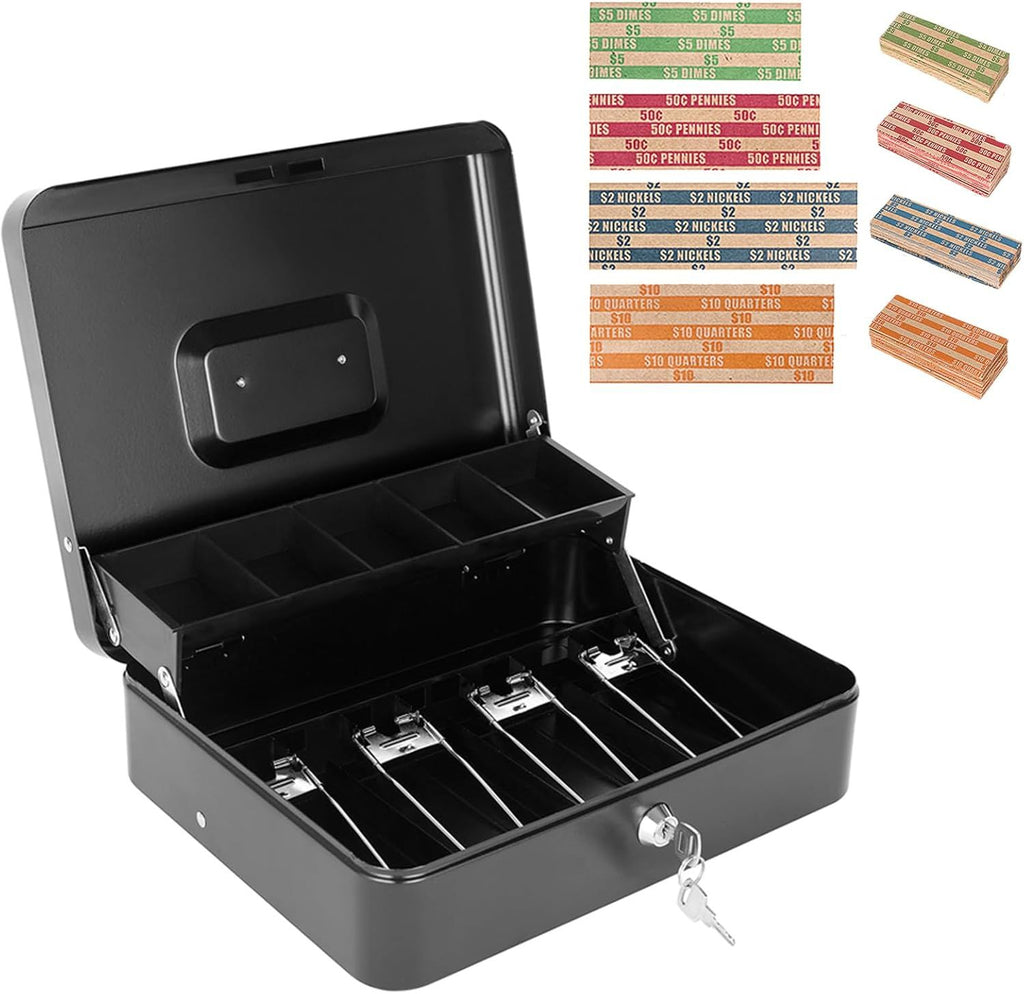 Cash Box with Key Lock and Money Tray - Metal Money Box for Cash Register, Large Cash Lock Box for Money Safe with 100PCS Coin Wrappers Assorted