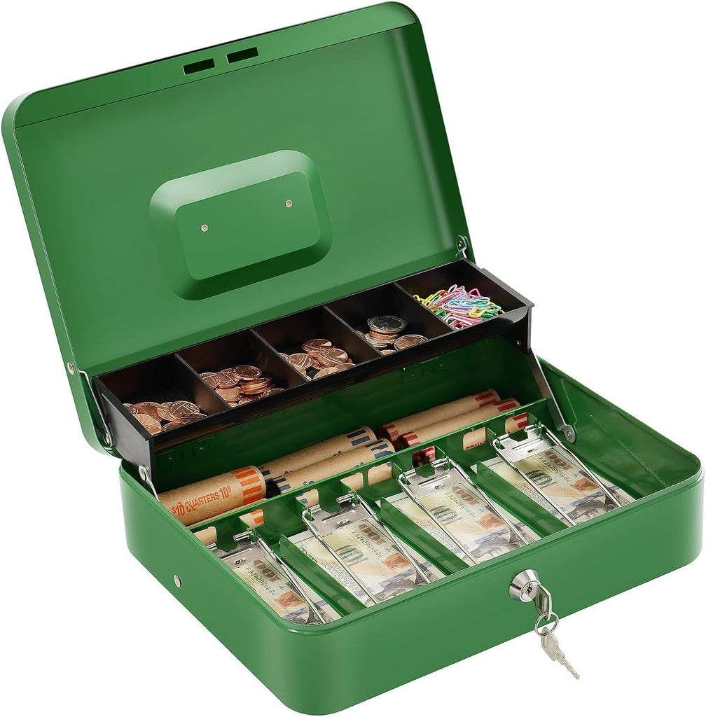 Cash Box with Lock Key and Money Tray - Large Money Box for Cash Register, Metal Lock Box for Money Safe