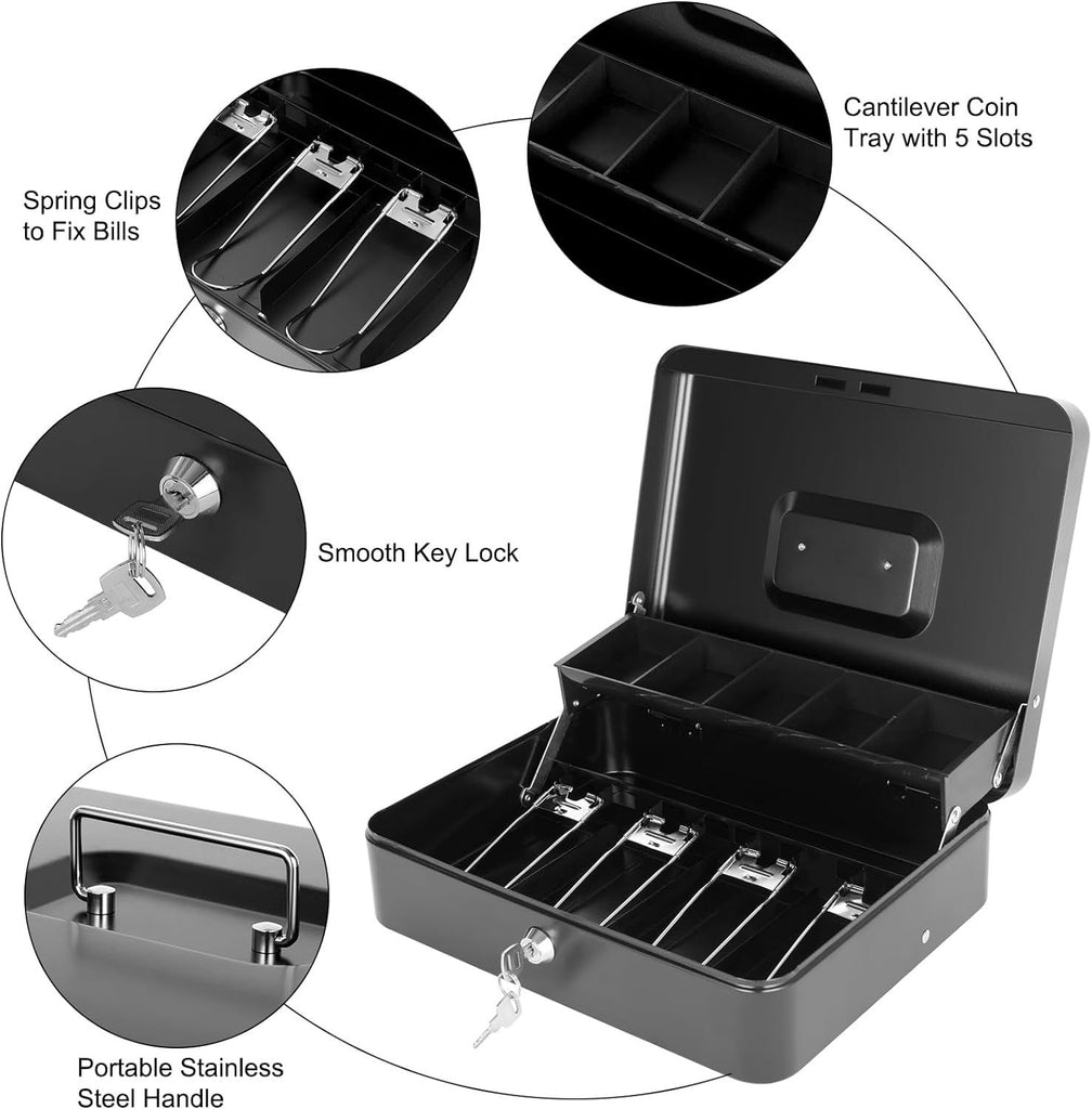 Cash Box with Lock Key and Money Tray - Large Money Box for Cash Register, Metal Lock Box for Money Safe