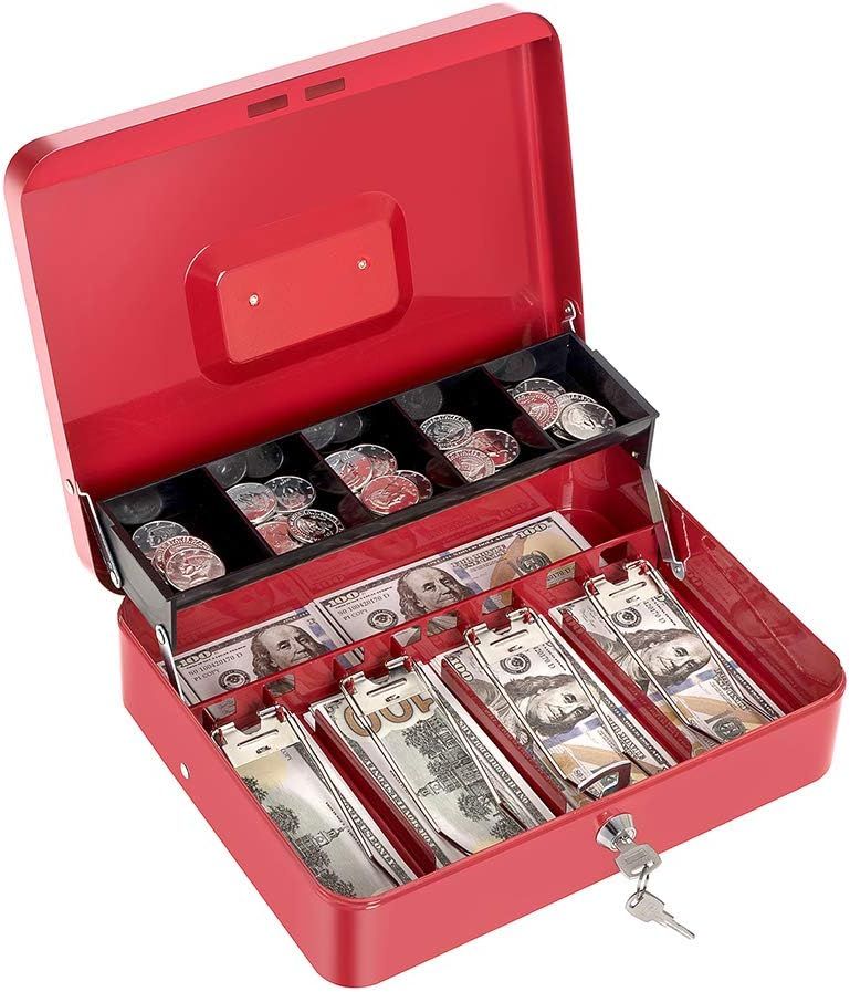 Cash Box with Money Tray and Key Lock Large Metal Money Safe Box with Cantilever Coin Tray, Lock Box for Money