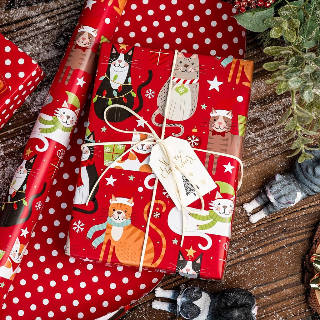 Cat Christmas Wrapping Paper Roll - Cute Cats with Christmas Decorations & Polka Dot Reversible Gift Wrap for Christmas, New Year Celebration, Cat Lover - Mini Roll - 17 Inch x 33 Feet