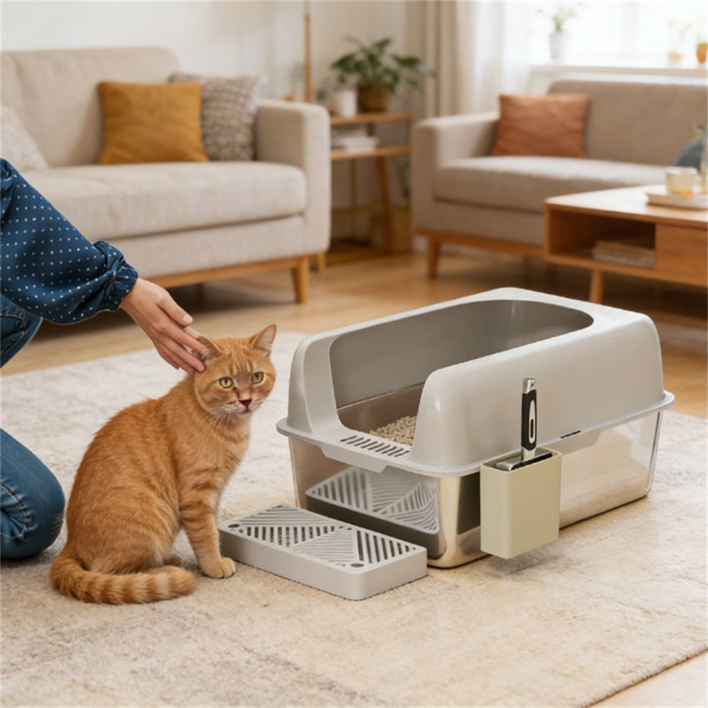 Cat litter box, easy to clean, light gray