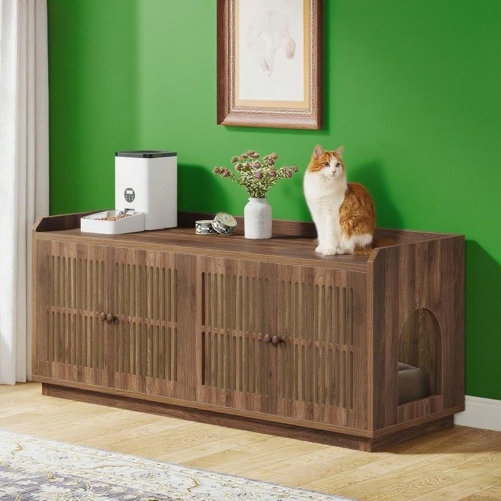 Cat Litter Box Enclosure, 55.1-Inch Extra Large Hidden Litter Box Furniture with 2 Cabinets and Side Entrance, Wooden Cat Washroom Furniture with Storage