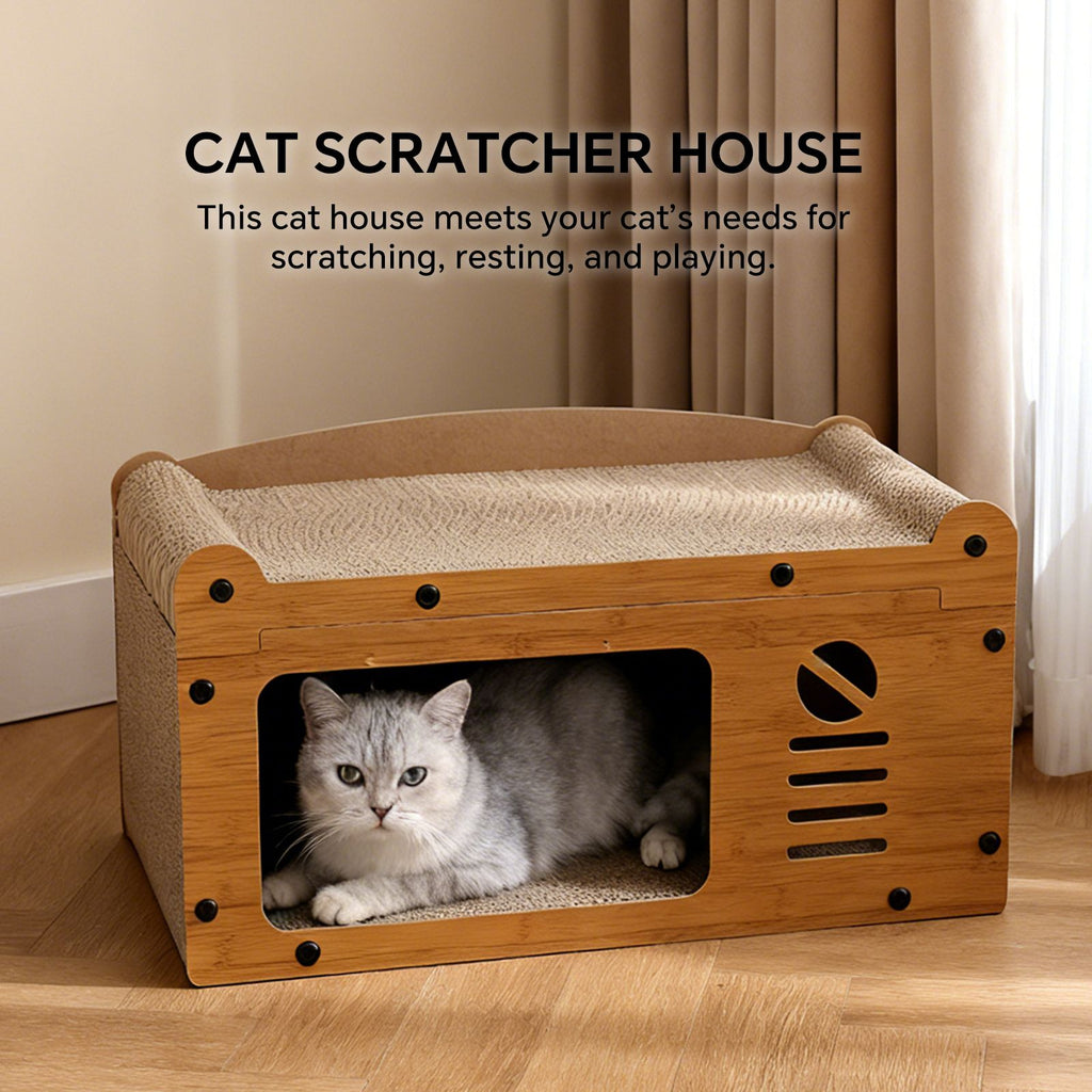 Cat Scratcher House, 2-in-1 Cat Bed and Cave with Hanging Ball Toys, Wooden Scratching Board for Indoor Cats, Scratch-Resistant Hideaway Furniture for Kittens and Adult Cats
