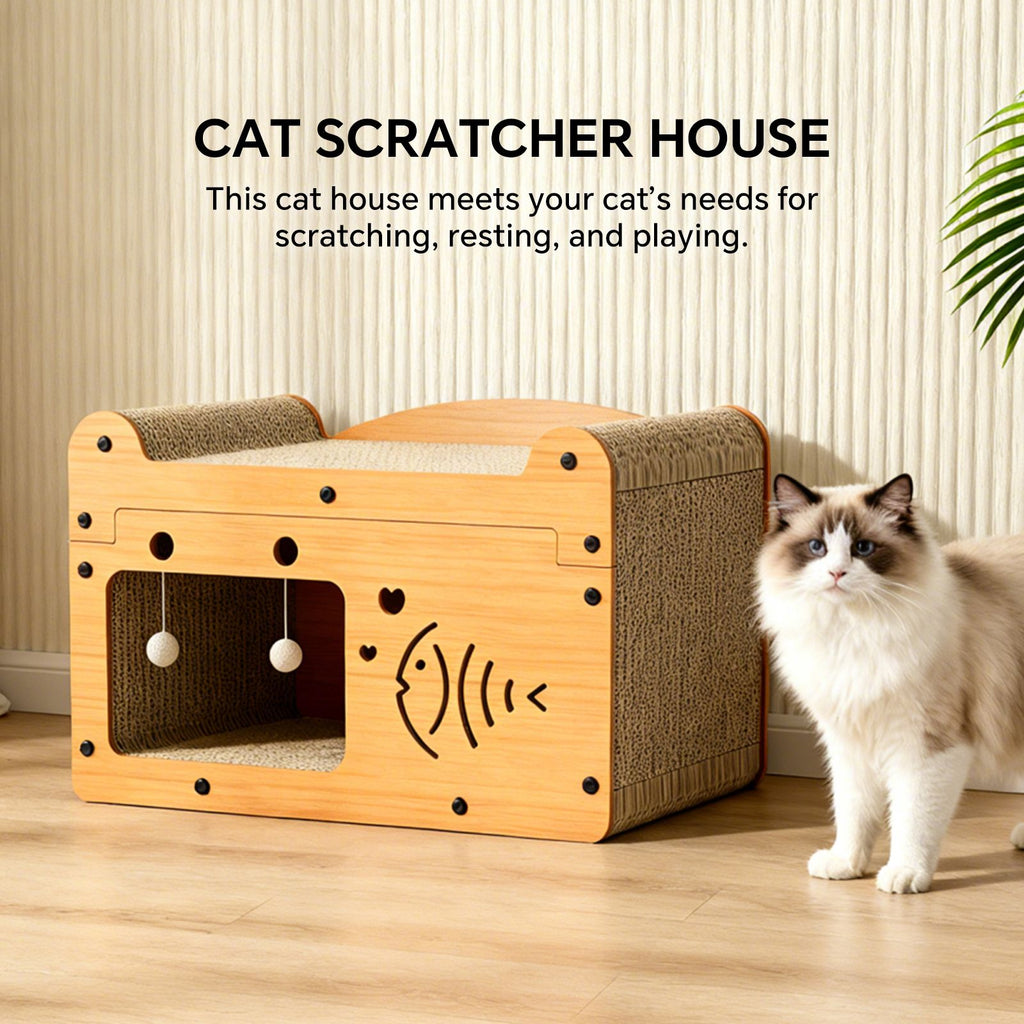 Cat Scratcher House with Bed and 2 Hanging Ball Toys, Wooden Cat Cave with Corrugated Scratching Board, Cute Fish and Heart Design Cat Hideaway Furniture for Indoor Cats and Kittens