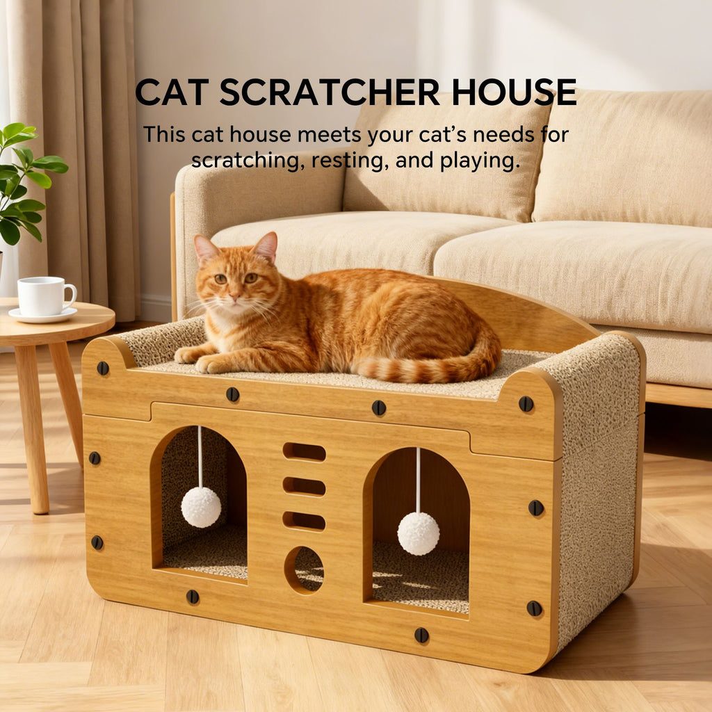 Cat Scratcher House with Bed and Hanging Pom-Pom Toy, Wooden Cat Cave with Corrugated Scratching Board