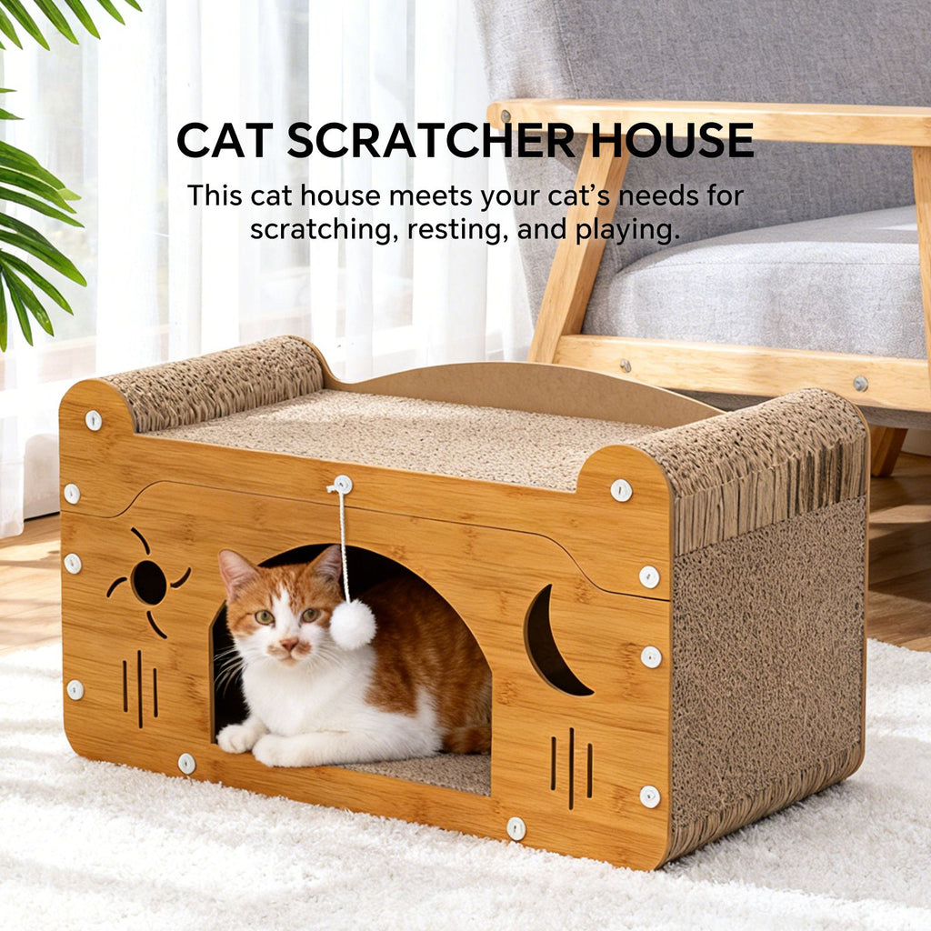 Cat Scratcher House with Bed and Hanging Toy, Wooden Cat Cave with Corrugated Scratching Board, Sun and Moon Design Hideaway Furniture for Indoor Cats and Kittens