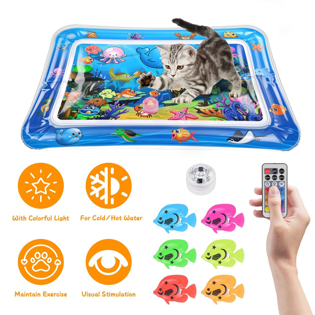 Cat Water Mat Interactive Sensory Play Mat with Floating Fish Toys LED Color Changing Light Thickened PVC for Indoor Cats Kittens Pet Enrichment