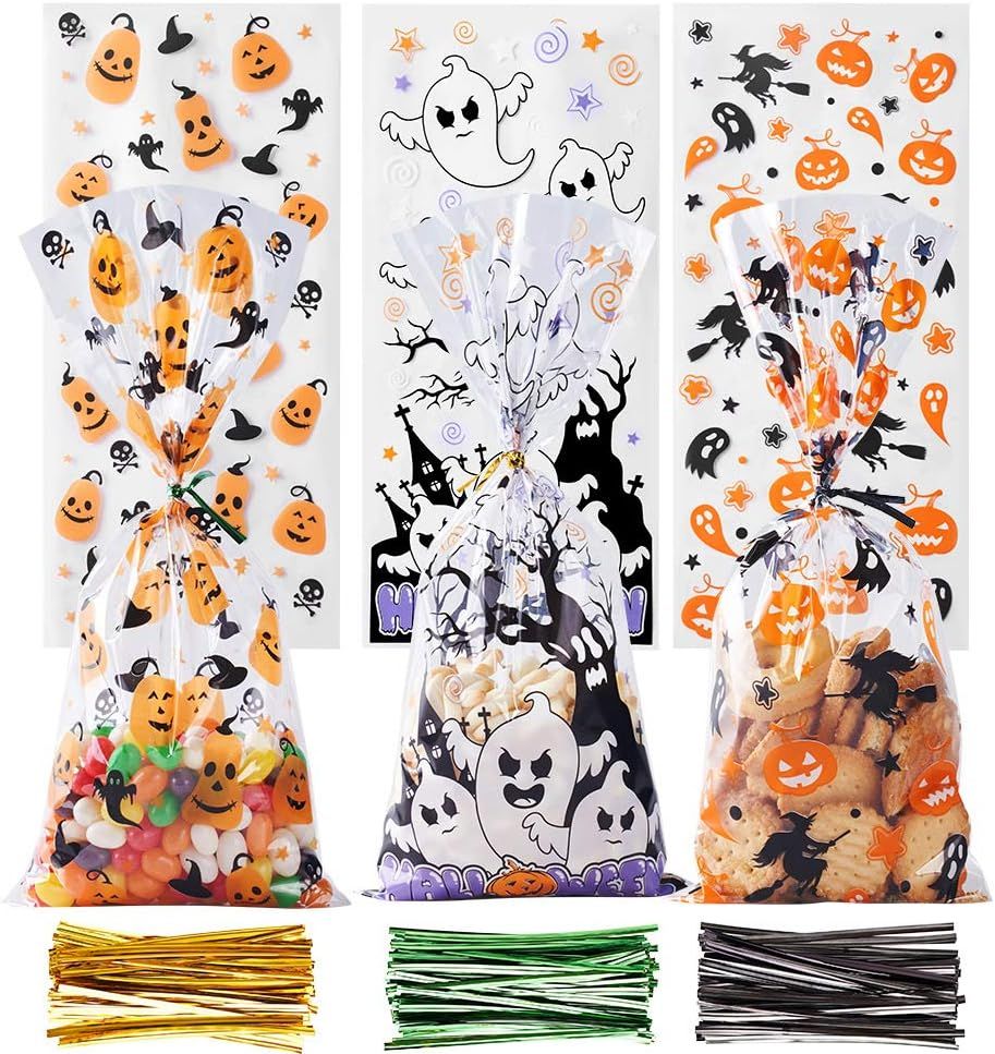 CCINEE Halloween Cellophane Treat Bags, 150pcs Halloween Plastic Clear Candy Bags with 300pcs Twists for Snacks Cookies Packing