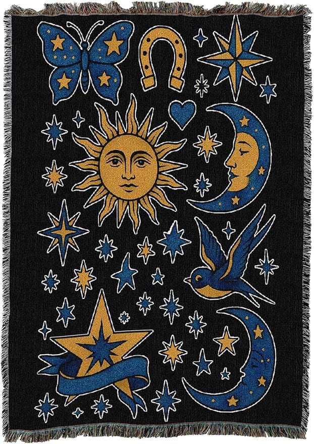Celestial American Traditional Blue- Tattoo Design - Tapestry Throw Blanket Woven from Cotton - Made in The USA (50x60)
