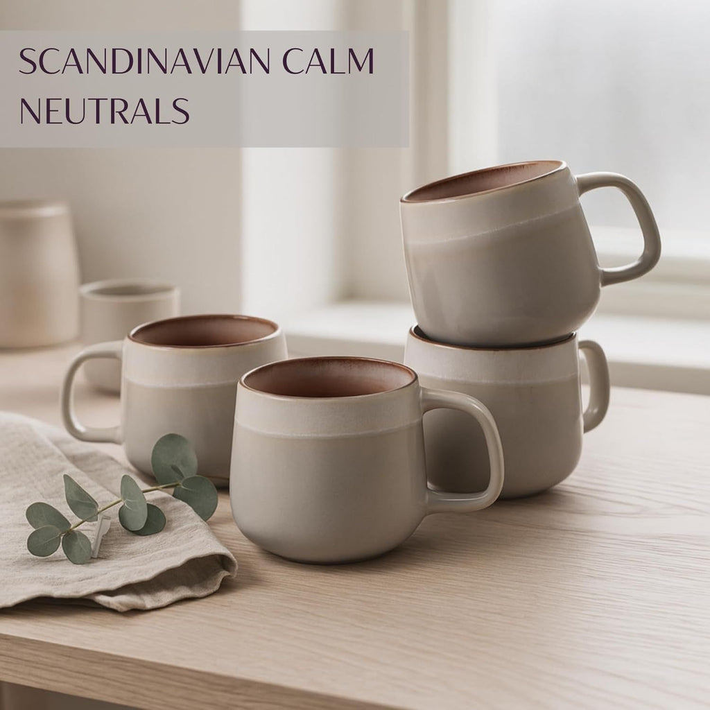 Ceramic Coffee Mugs Set of 4 | 12 oz Stoneware Coffee Cups | Lead-Free, Non-Toxic | Microwave and Dishwasher Safe | Comfortable Handle | Aesthetic Nordic Design for Tea and Latte | Sage