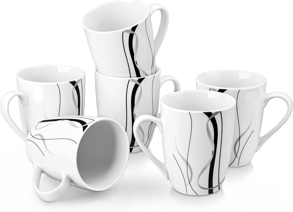 Ceramic Coffee Mugs Set of 6, 11 OZ Coffee Cups Set with Handle, White Mugs Set Porcelain Cup Set for Kitchen, Microwave Dishwasher Safe, Series Fiona