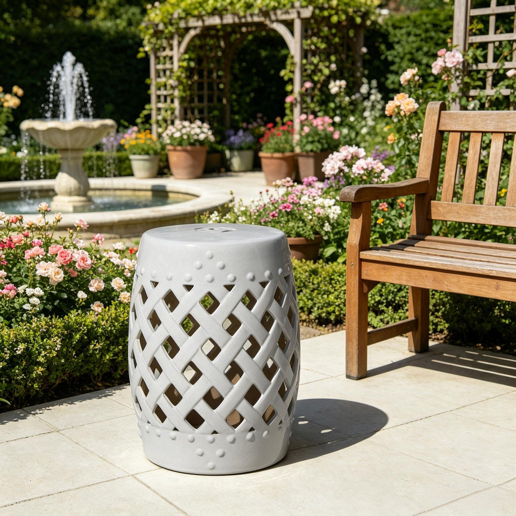 Ceramic Garden Stool 13' X 18' Woven Lattice Design Glazed Strong Materials Decorative Outdoor Stool