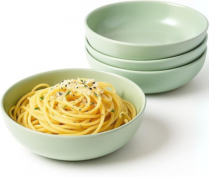 Ceramic Pasta Bowls Set of 4 – 40oz Extra Large Dinner Bowls, Deep Plates Salad Bowl for Eating, Pasta Plates, Stoneware Shallow Bowl Plate Set, Dishwasher & Microwave Safe - Green