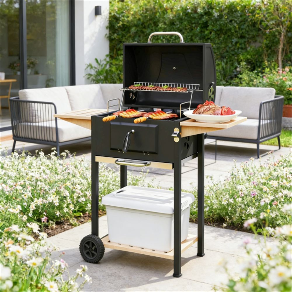 Charcoal barbecue grill, backyard picnic cookware, barbecue grill, black