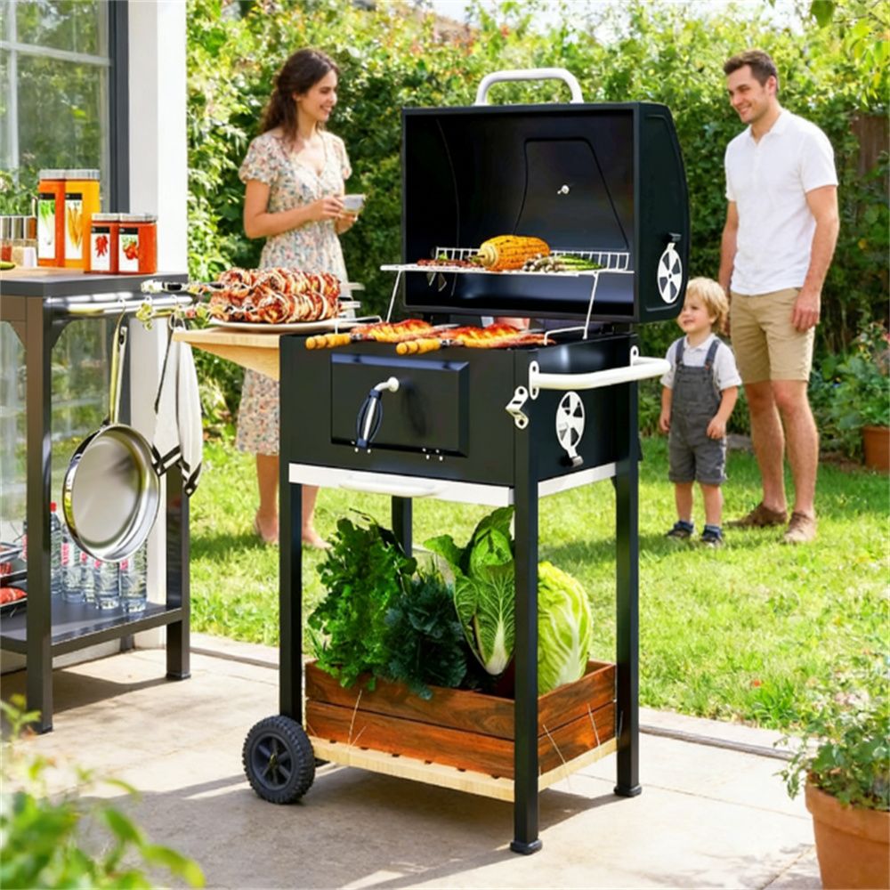 Charcoal barbecue grill, backyard picnic cookware, black