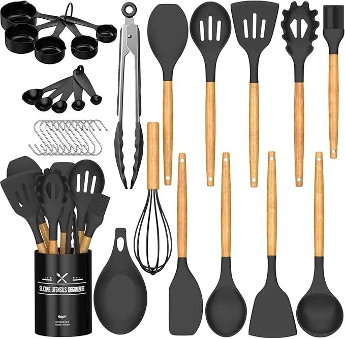 Chef Kitchen Cooking Utensils Set, 33 pcs Non-Stick Silicone Cooking Kitchen Spatula Set with Holder, Wooden Handle Silicone Kitchen Gadgets Utensil Set (Black)