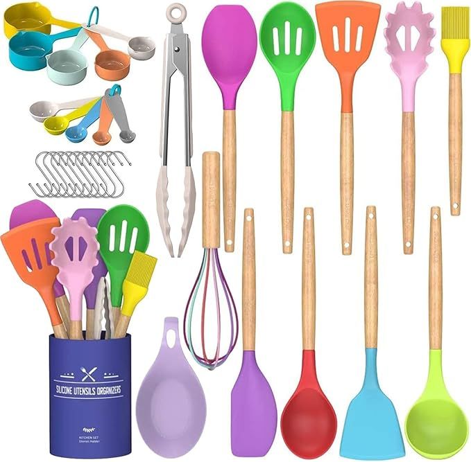 Chef Kitchen Cooking Utensils Set, 33 pcs Non-stick Silicone Cooking Kitchen Utensils Spatula Set with Holder, Wooden Handle Silicone Kitchen Gadgets Utensil Set (Colorful)
