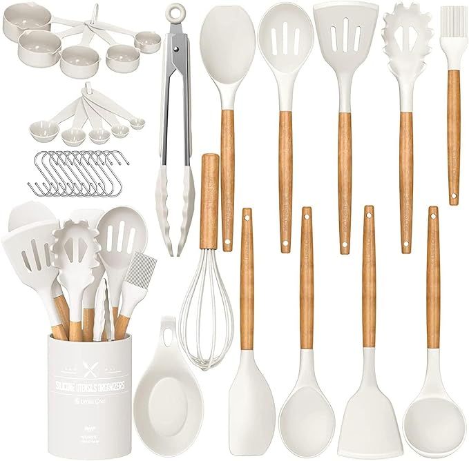 Chef Kitchen Cooking Utensils Set, 33 pcs Non-stick Silicone Cooking Kitchen Utensils Spatula Set with Holder, Wooden Handle Silicone Kitchen Gadgets Utensil Set (Cream White)