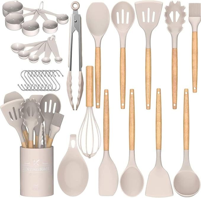 Chef Kitchen Cooking Utensils Set, 33 pcs Non-Stick Silicone Cooking Kitchen Utensils Spatula Set with Holder, Wooden Handle Silicone Kitchen Gadgets Utensil Set (Khaki)