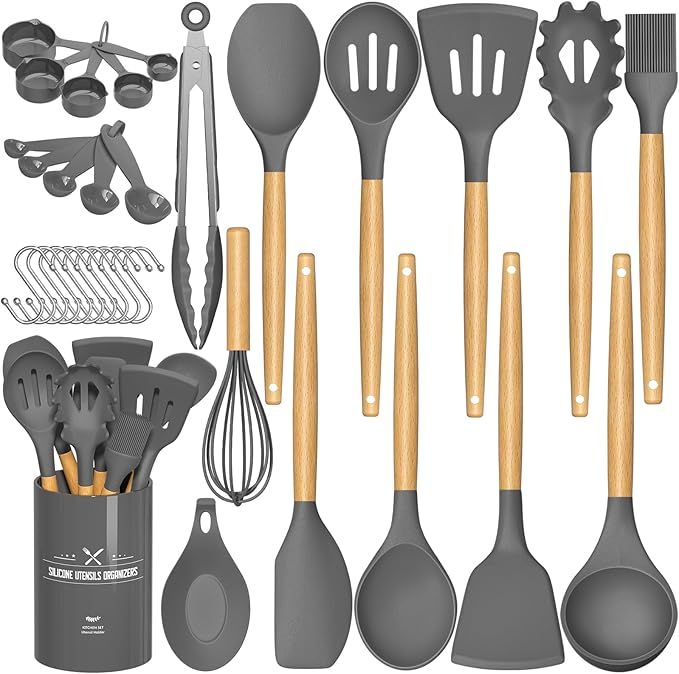 Chef Kitchen Cooking Utensils Set, 33 pcs Non-stick Silicone Utensils Spatula Set with Holder, Wooden Handle Heat Resistant Silicone Kitchen Gadgets Utensil Set (Gray)