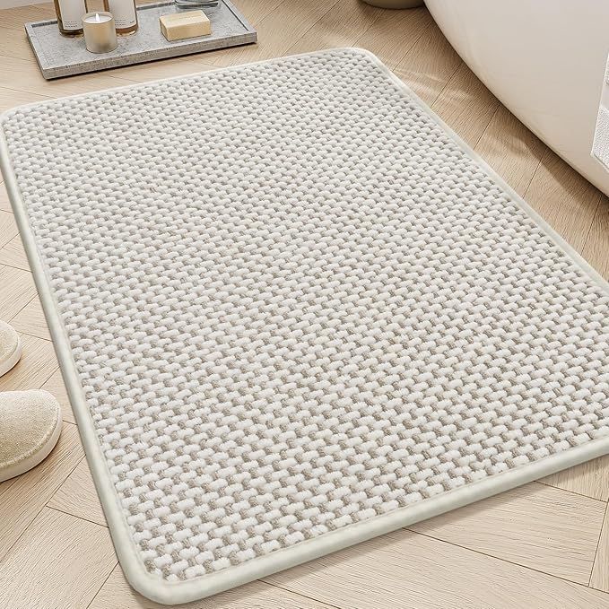 Chenille Bath Mat Super Absorbent Bathroom Mat Quick Dry Bath Mats for Bathroom Rubber Backed Bathroom Rugs Non Slip Washable Fit Under Door, Front of Bathtub, Sink, Beige&White 17"x24"