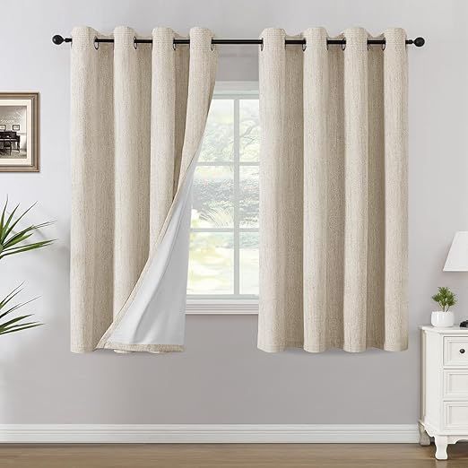 Chenille Linen Blackout Curtains for Bedroom 63 Inches Long Thermal Insulated Textured Linen Look Curtains with White Flocking Coating Back, Heathered Bleached Sand(Not Solid)